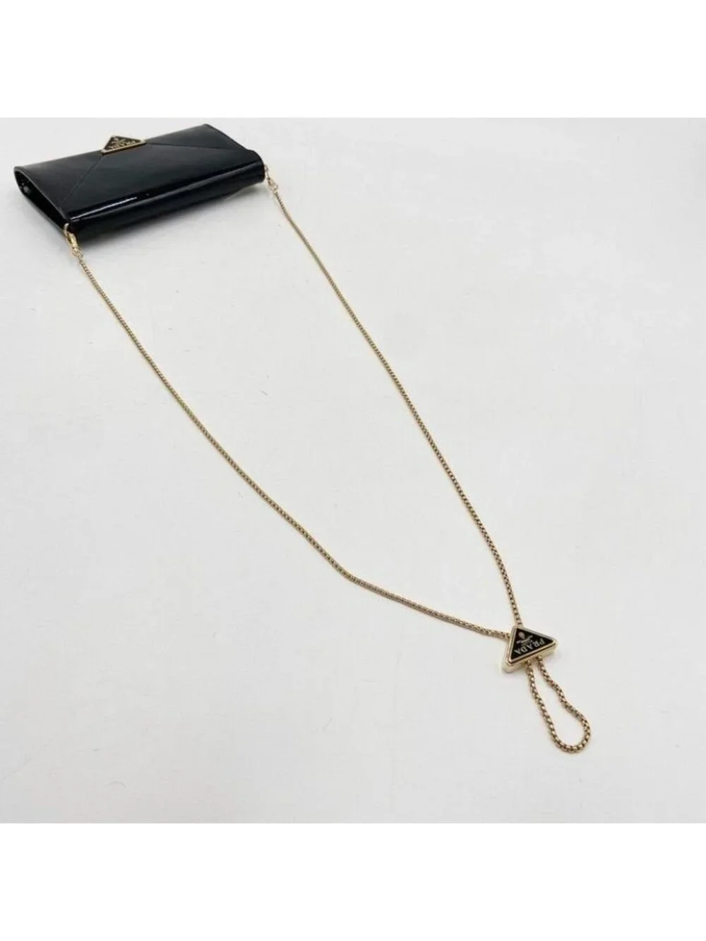 Prada Shoulder Bag Triangle Togo Black Patent Chain Gold